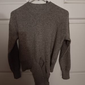 Gray Ribbed Women's Tie Front Sweater